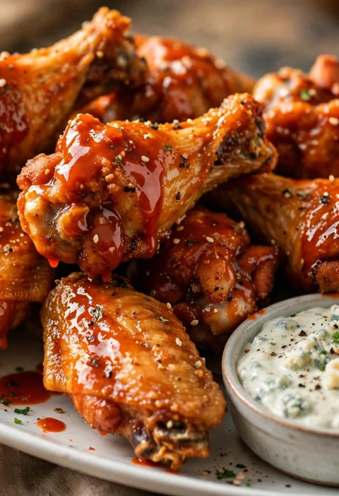 Extra crispy air fryer chicken wings tossed in buffalo sauce with blue cheese dip and celery sticks