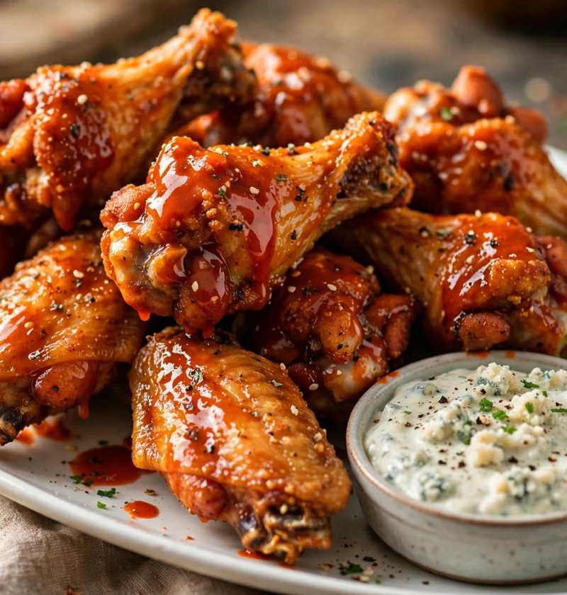 Extra crispy air fryer chicken wings tossed in buffalo sauce with blue cheese dip and celery sticks