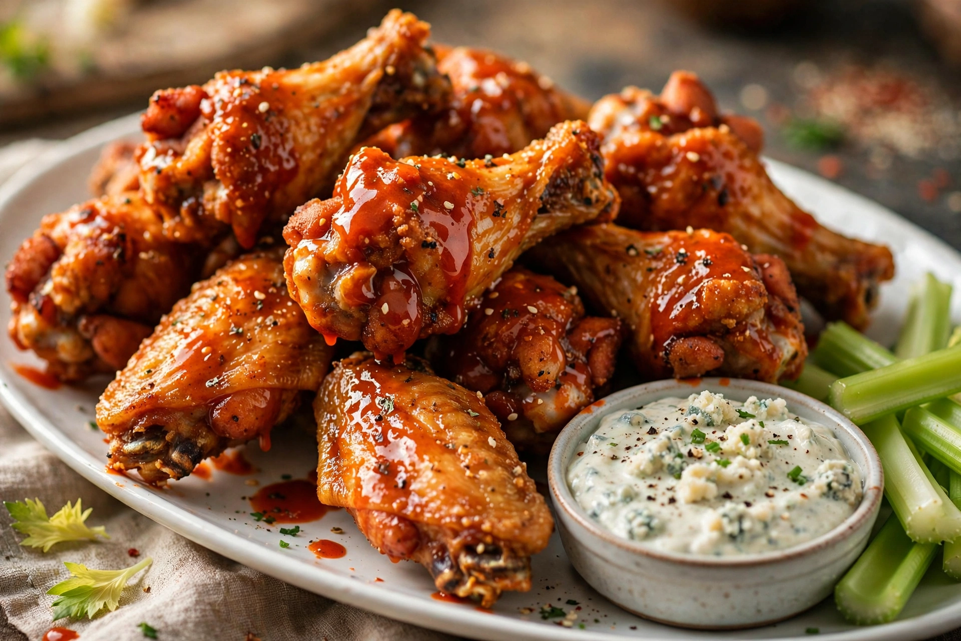 Extra crispy air fryer chicken wings tossed in buffalo sauce with blue cheese dip and celery sticks