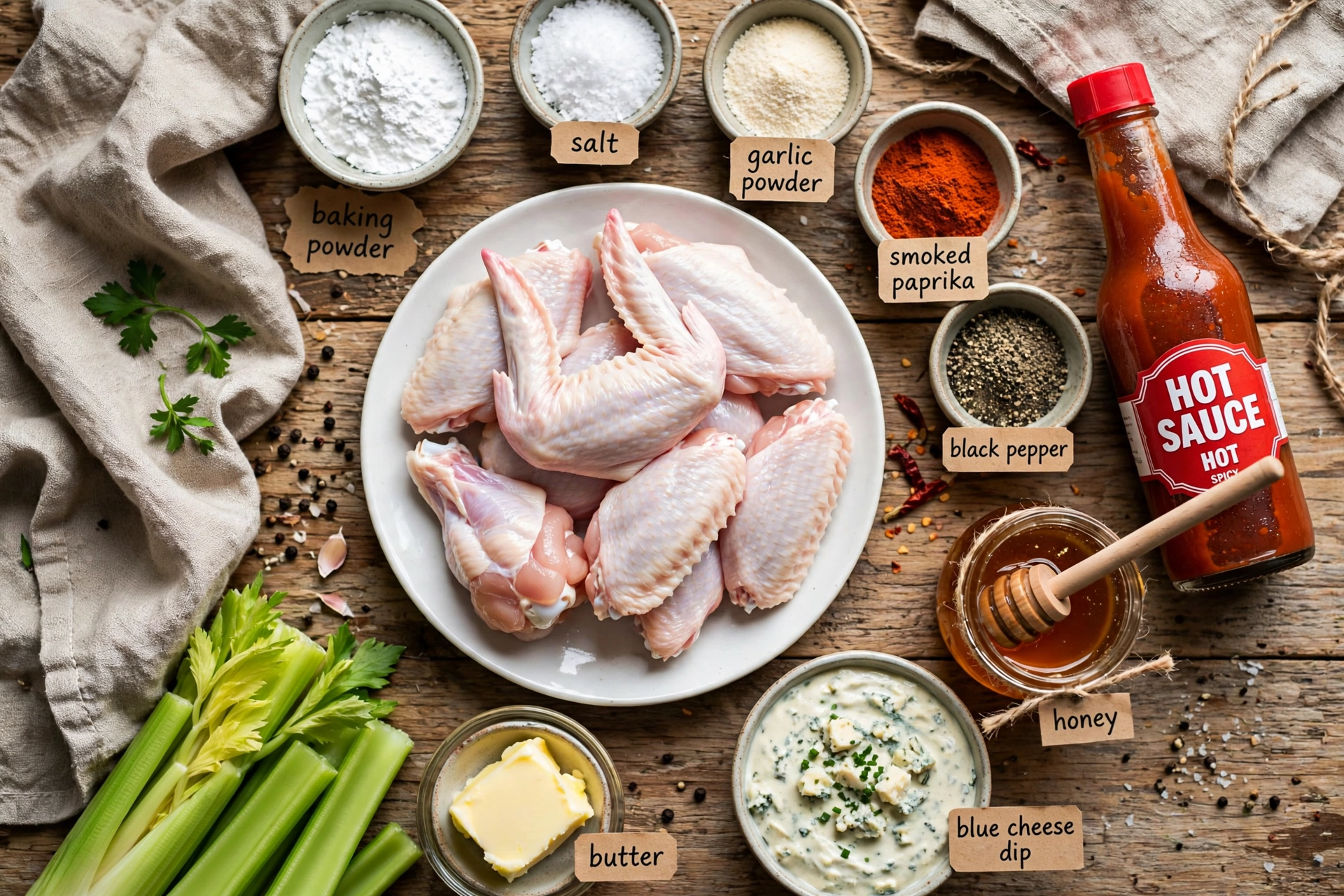Ingredients for air fryer chicken wings including chicken wings, baking powder, spices, hot sauce, butter and honey
