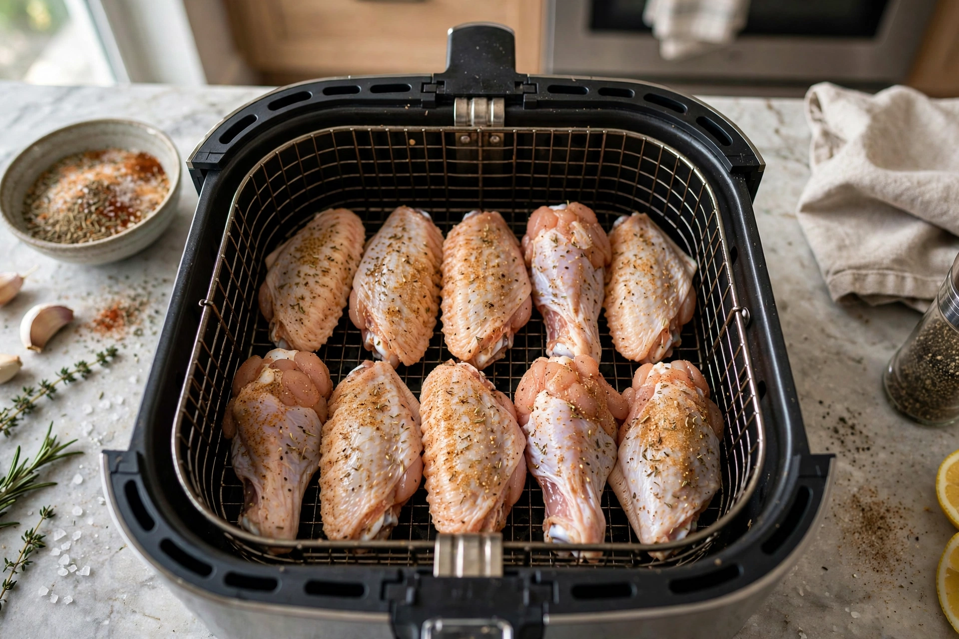 Seasoning chicken wings and arranging them in a single layer in an air fryer basket