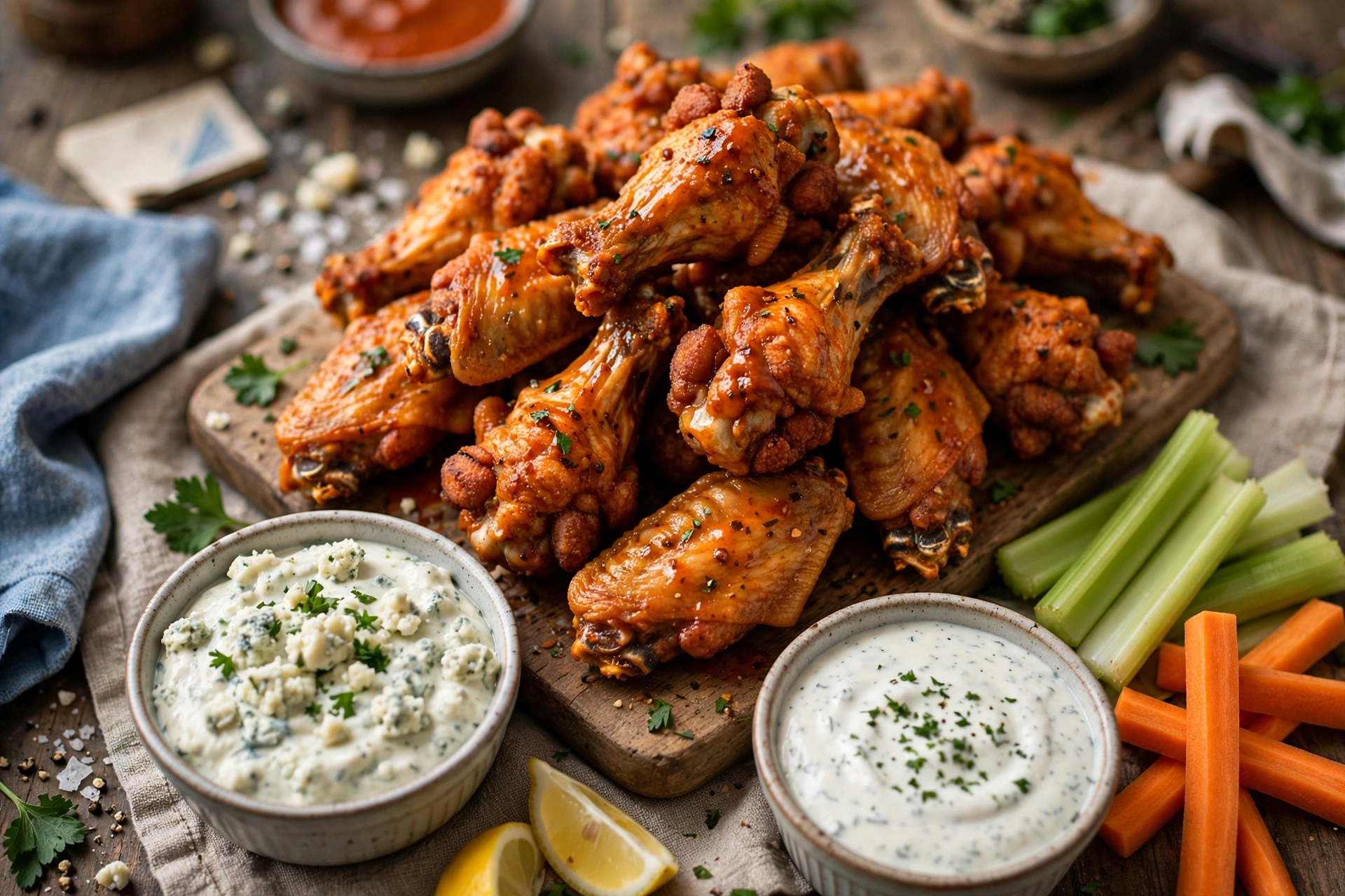 Crispy air fryer buffalo wings served with blue cheese dip, celery and carrot sticks