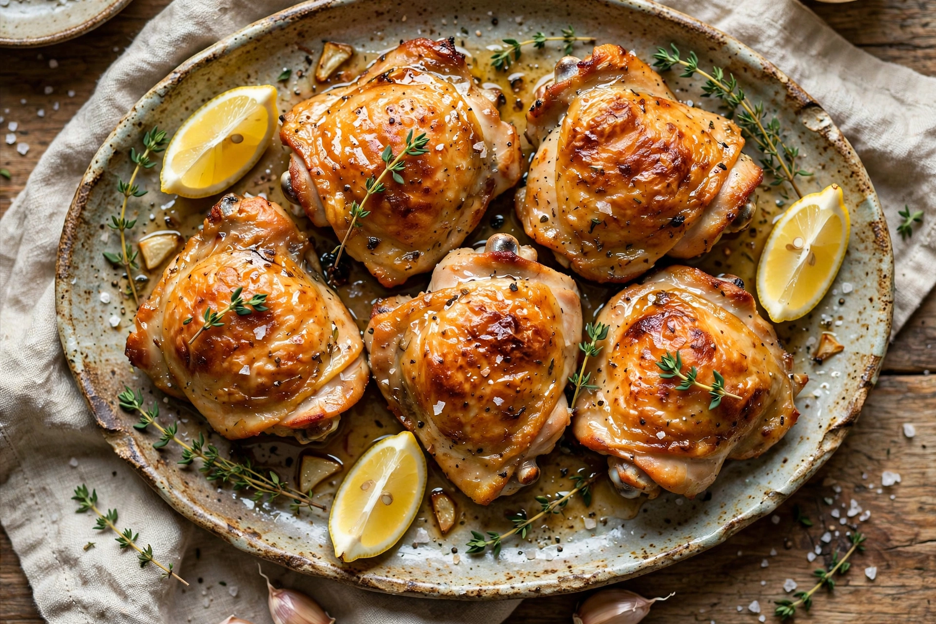 Juicy baked chicken thighs with golden crispy skin on a serving platter with fresh herbs