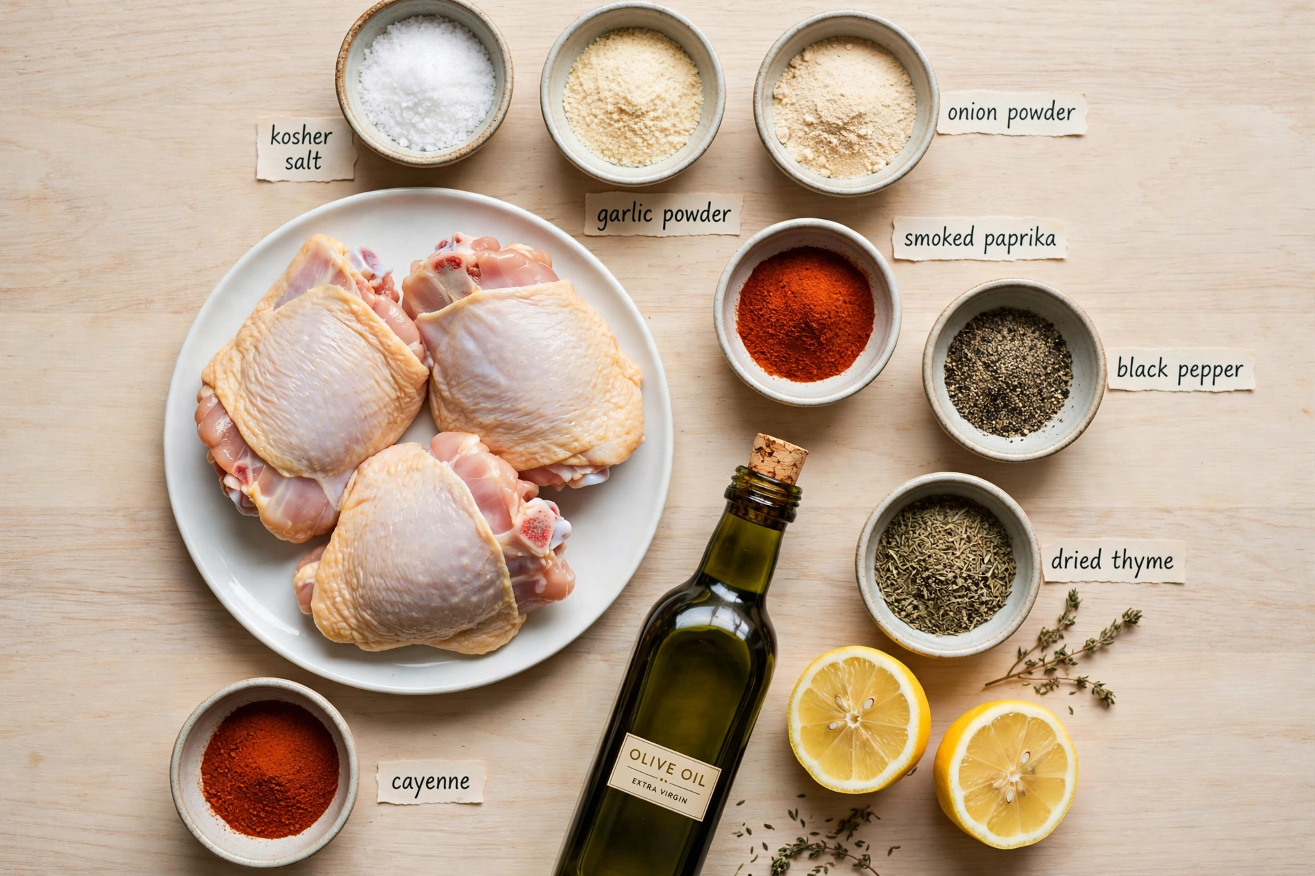 Ingredients for baked chicken thighs seasoning arranged on a countertop
