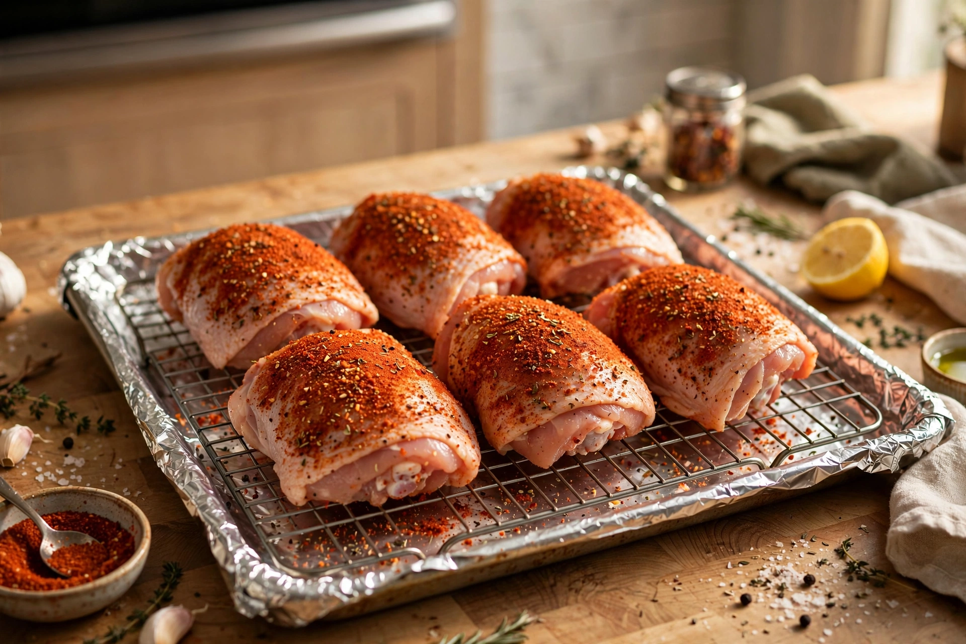 Seasoned chicken thighs arranged on a wire rack over a sheet pan before baking