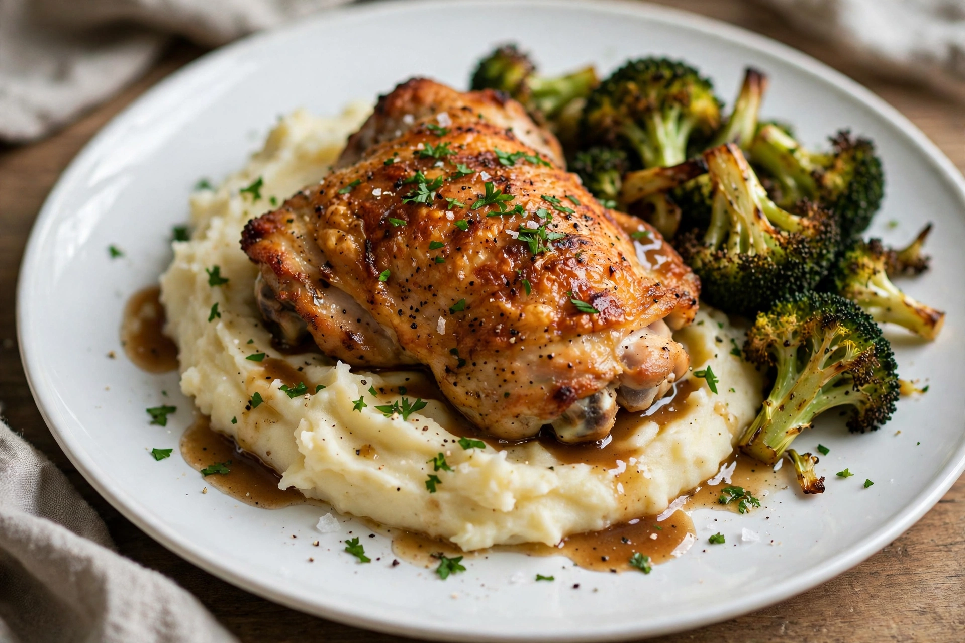 Baked chicken thighs with crispy skin served with lemon wedges and herbs