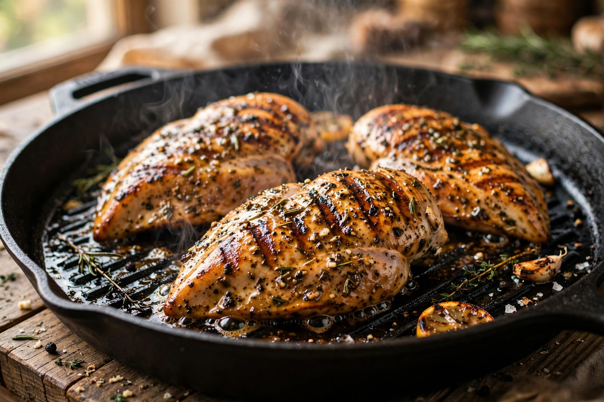 Marinated chicken grilling with char marks