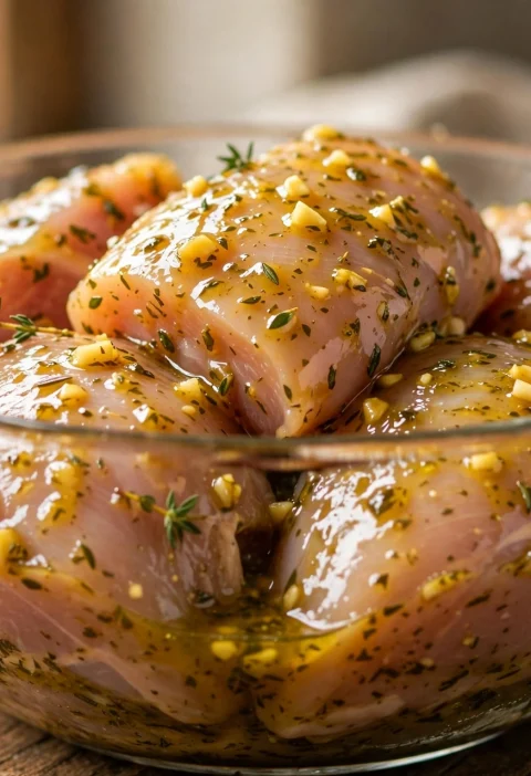 Raw chicken pieces coated in glossy herb chicken marinade in a glass bowl