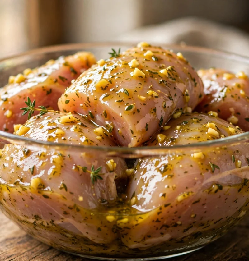 Raw chicken pieces coated in glossy herb chicken marinade in a glass bowl