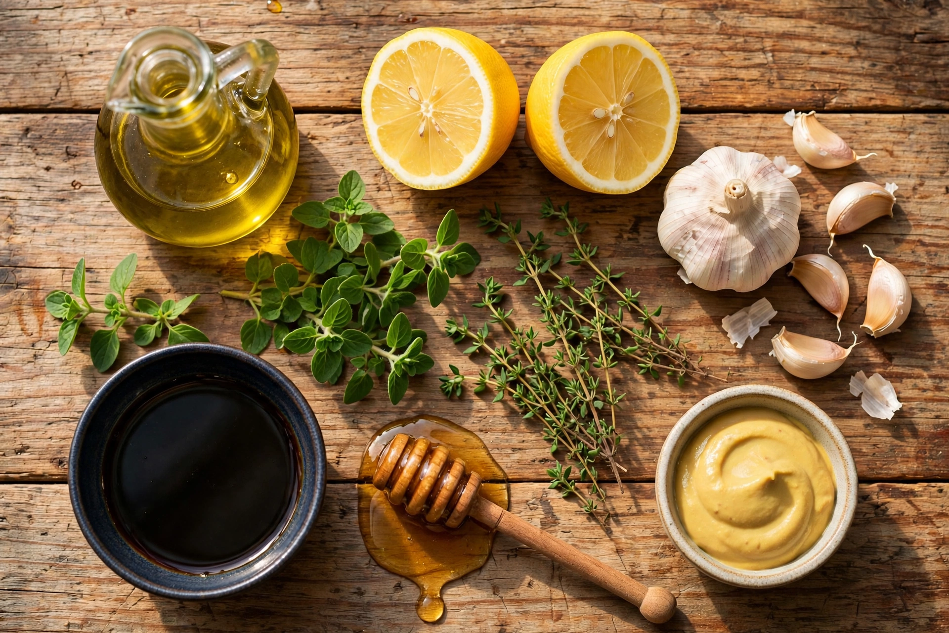 Chicken marinade ingredients: olive oil, lemons, garlic, herbs, soy sauce, honey, mustard