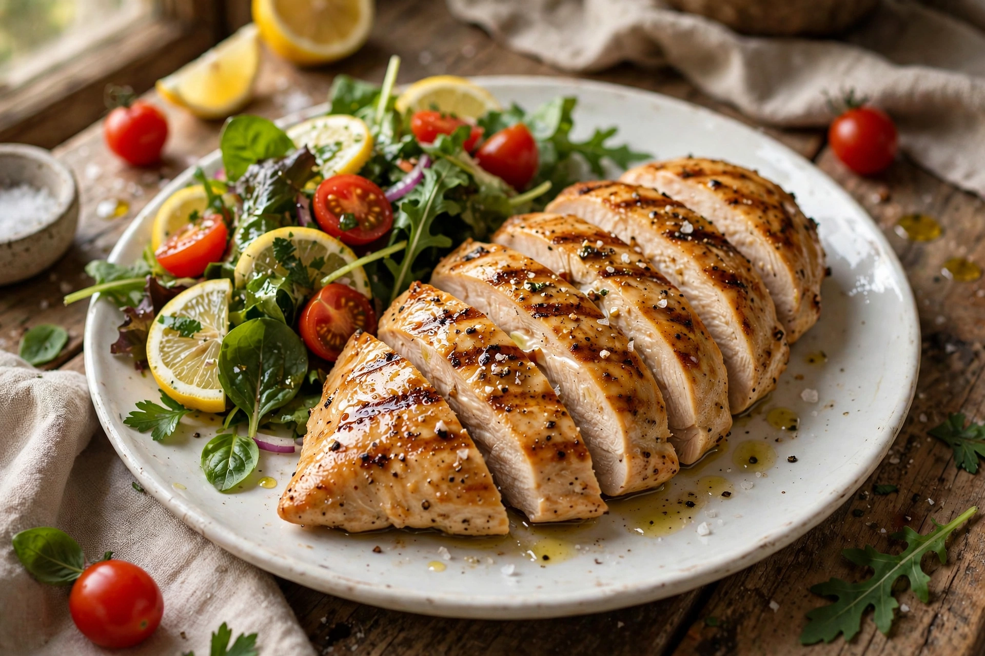 Sliced grilled chicken on a plate with salad