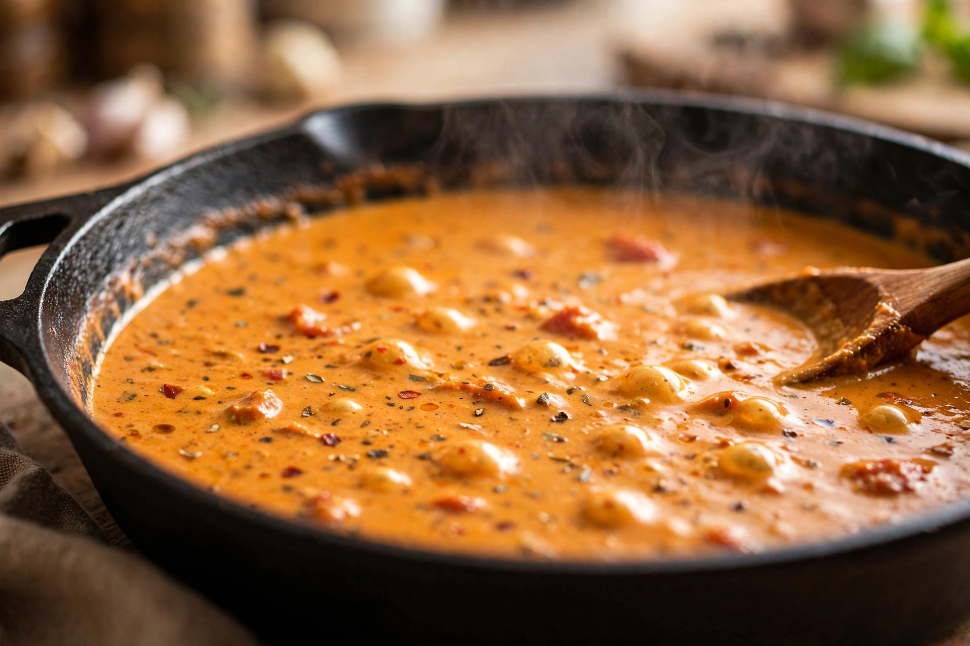 Creamy tomato gravy simmering in a cast iron skillet