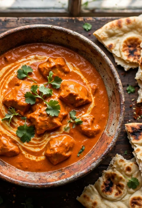 Bowl of creamy butter chicken with naan bread