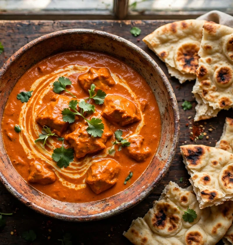 Bowl of creamy butter chicken with naan bread
