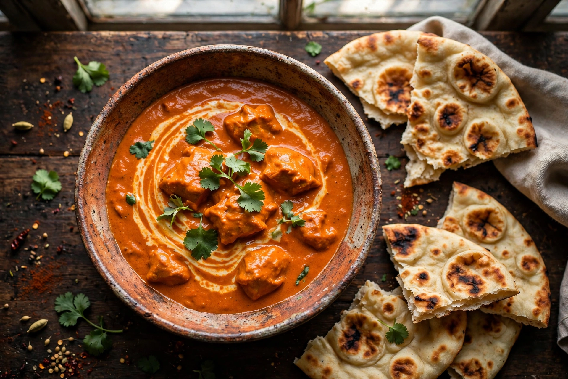 Bowl of creamy butter chicken with naan bread