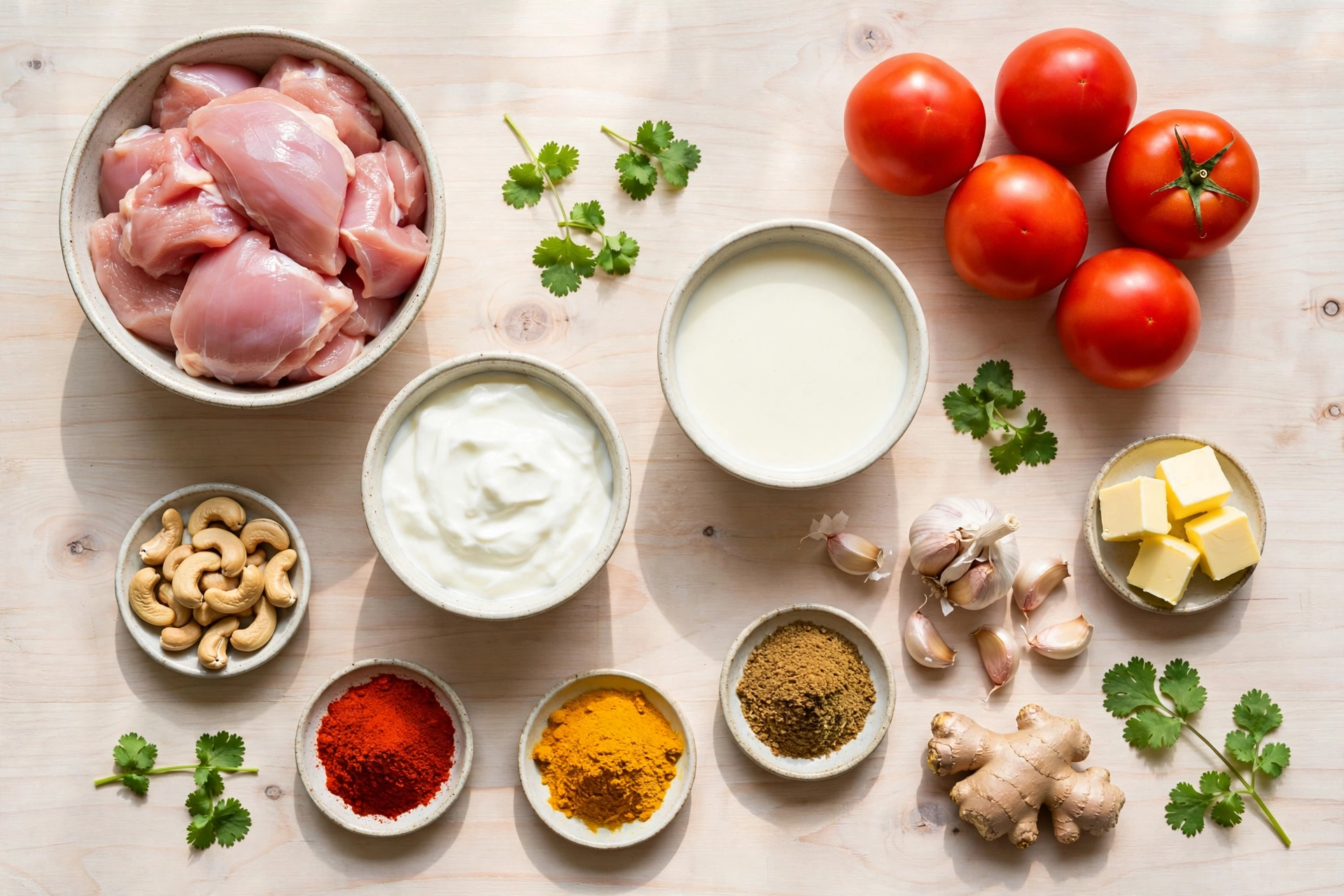 Butter chicken ingredients laid out on a wooden table