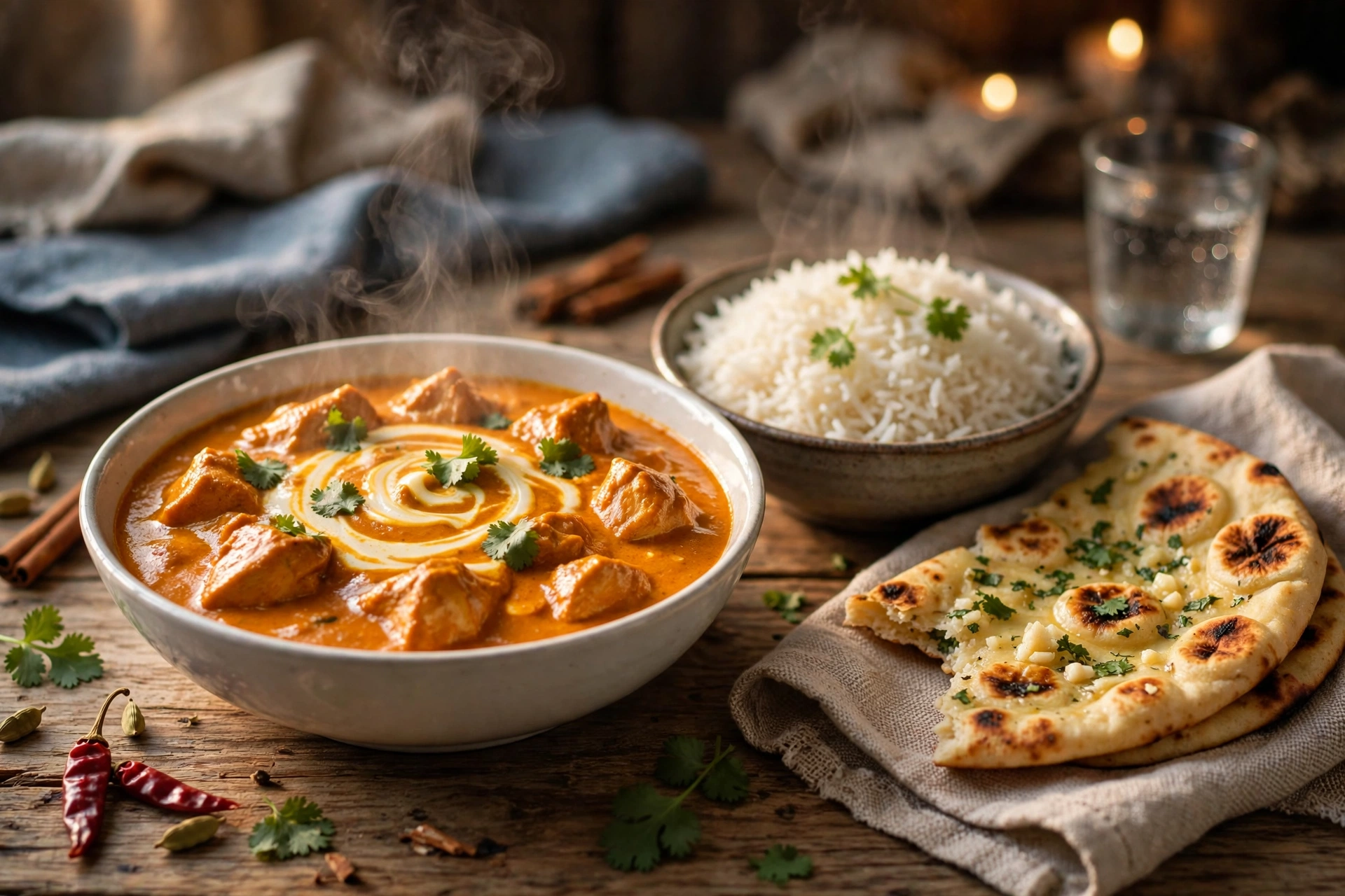 Butter chicken served with basmati rice and garlic naan