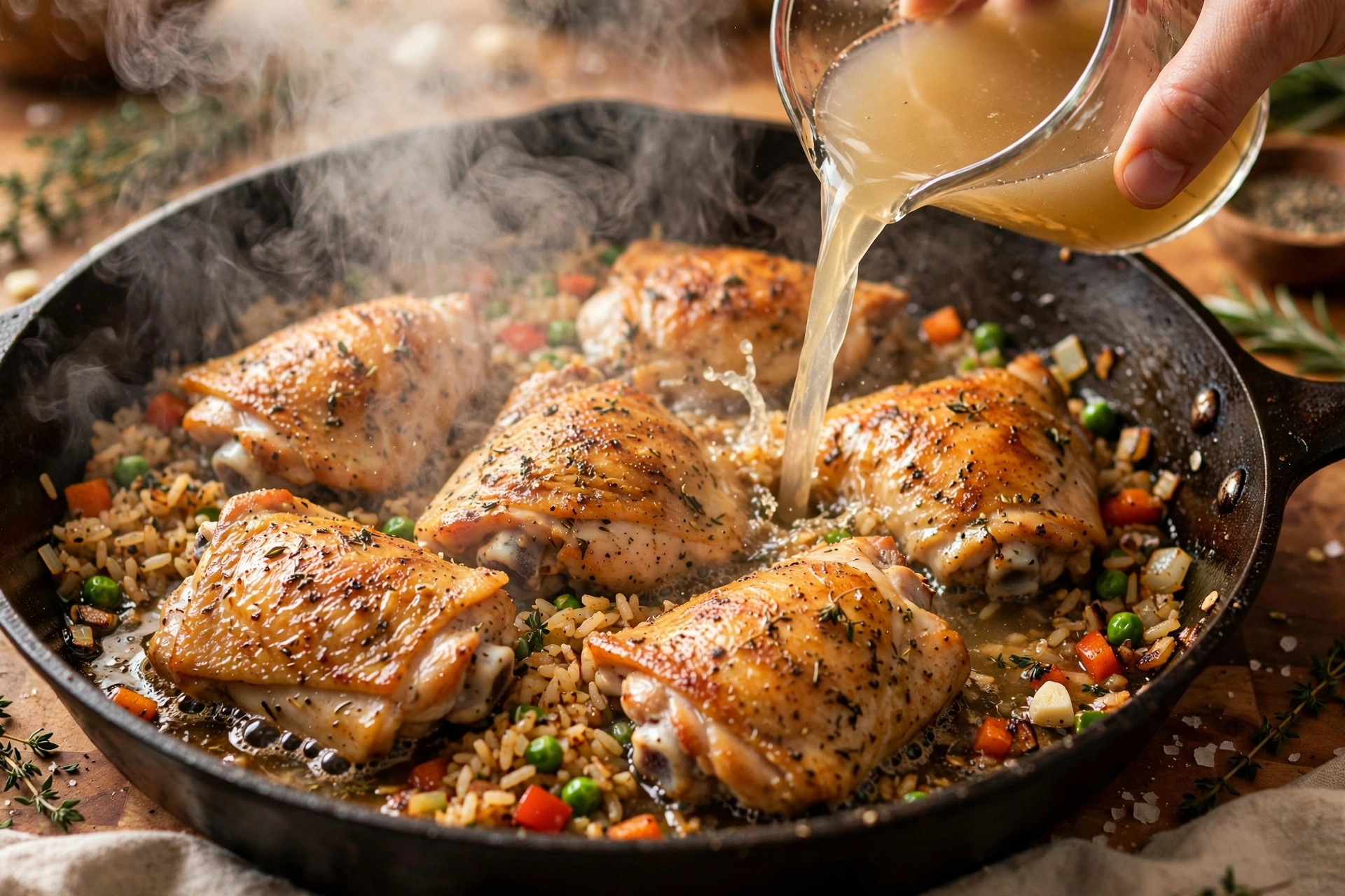 Searing seasoned chicken thighs in a skillet for one-pot chicken and rice