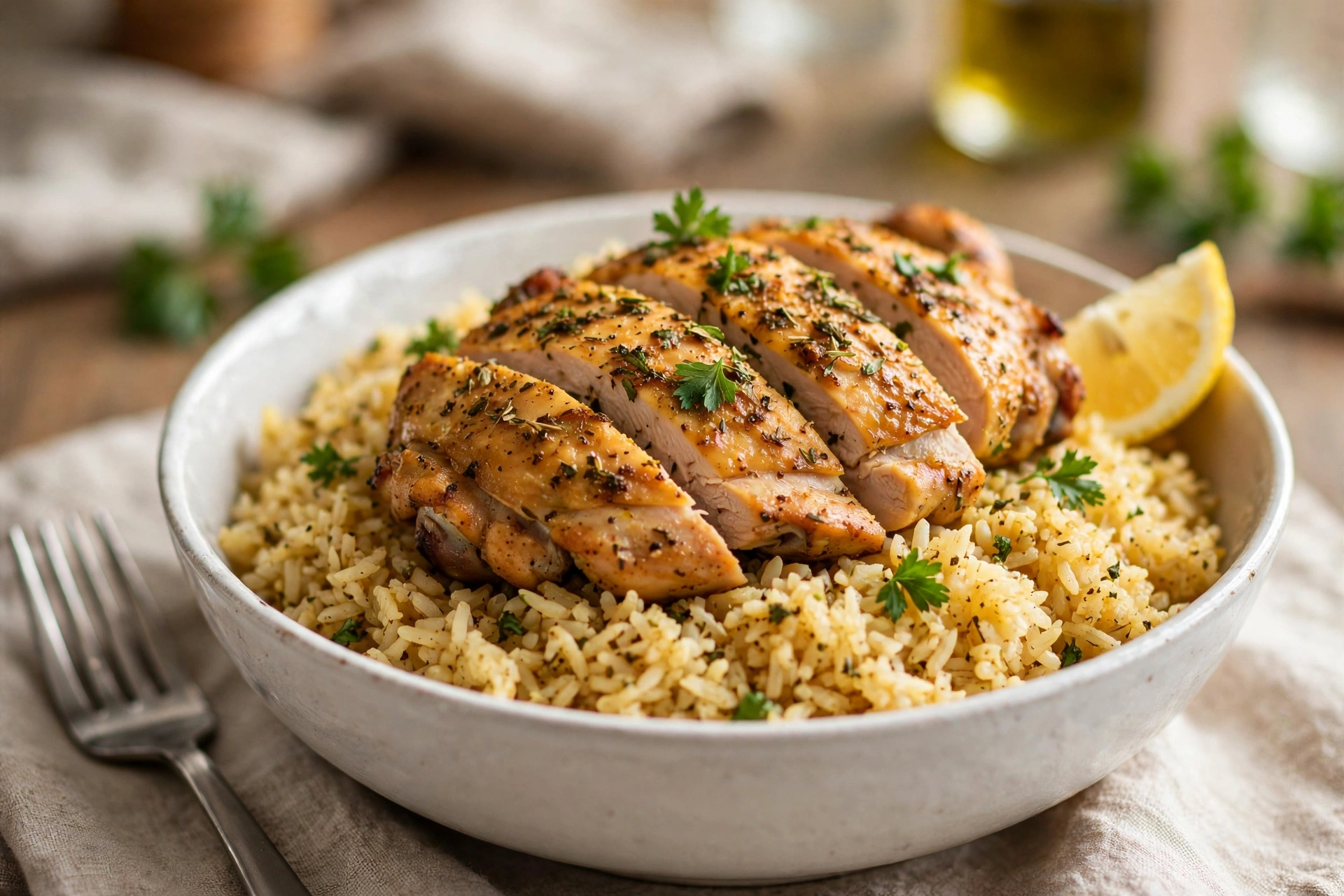 One-pot chicken and rice with golden thighs over fluffy rice, garnished with parsley