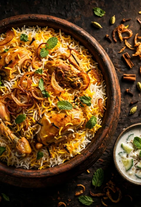 Chicken biryani served in a handi with raita