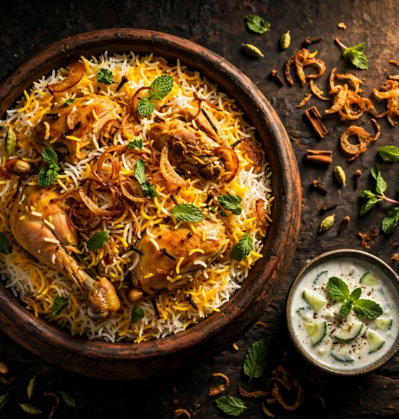 Chicken biryani served in a handi with raita