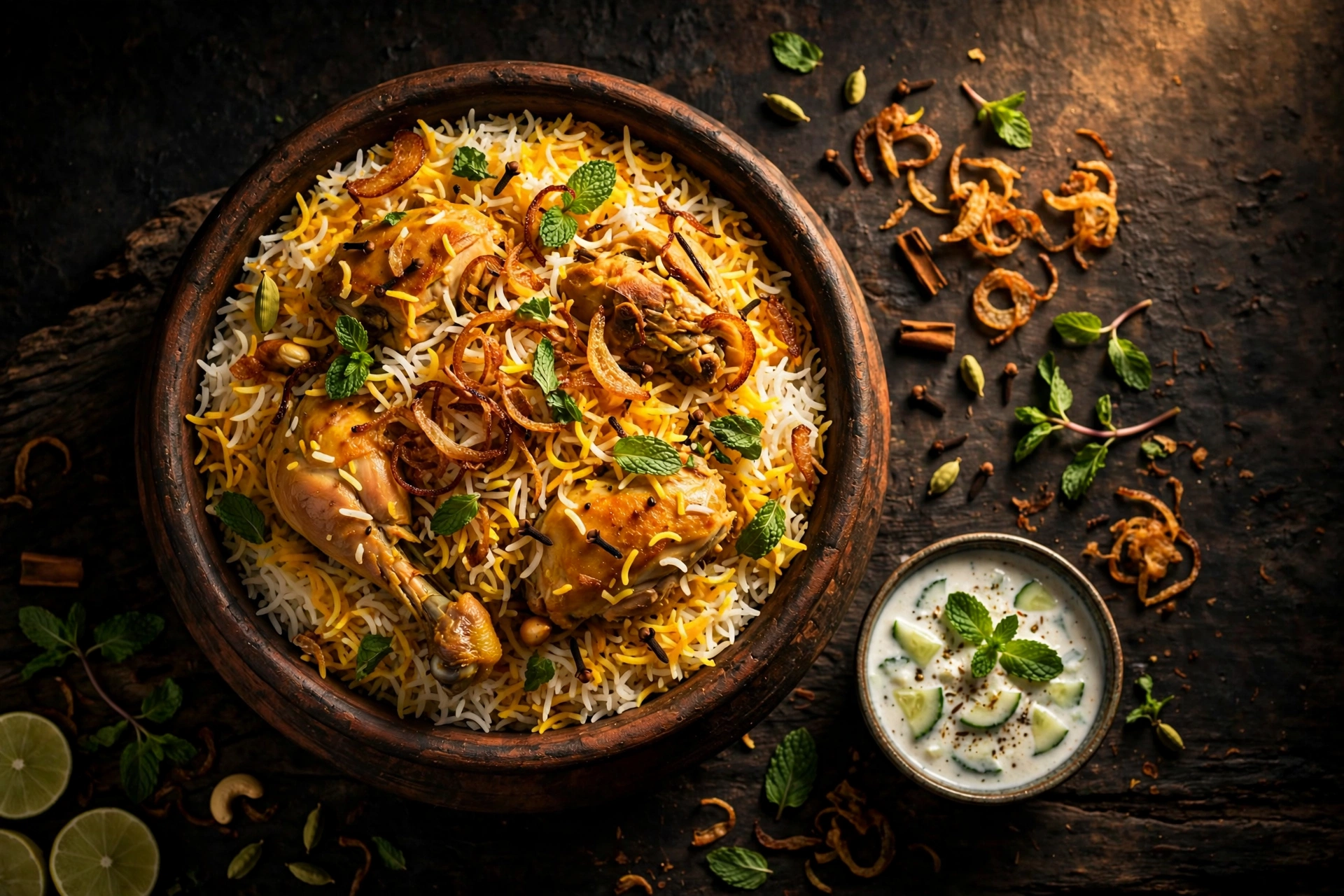 Chicken biryani served in a handi with raita