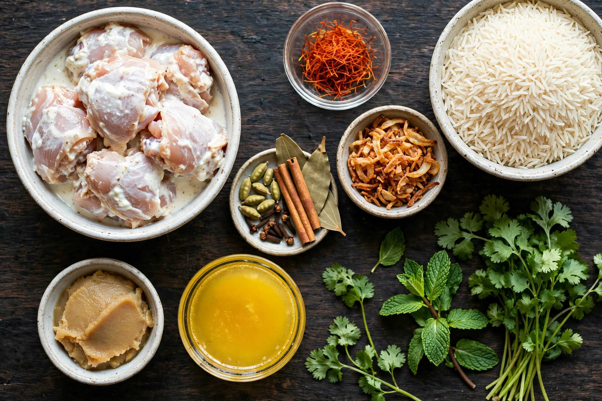 Chicken biryani ingredients laid out