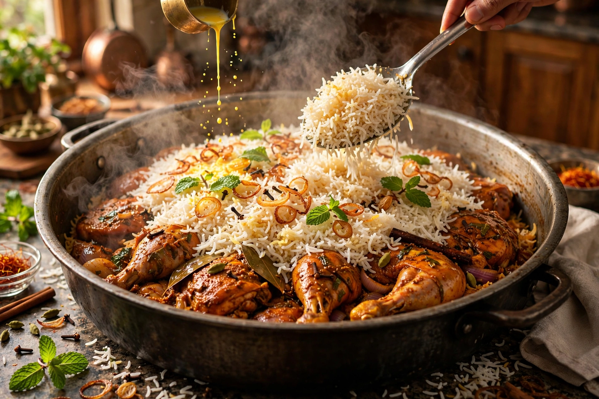 Layering chicken biryani with rice and saffron