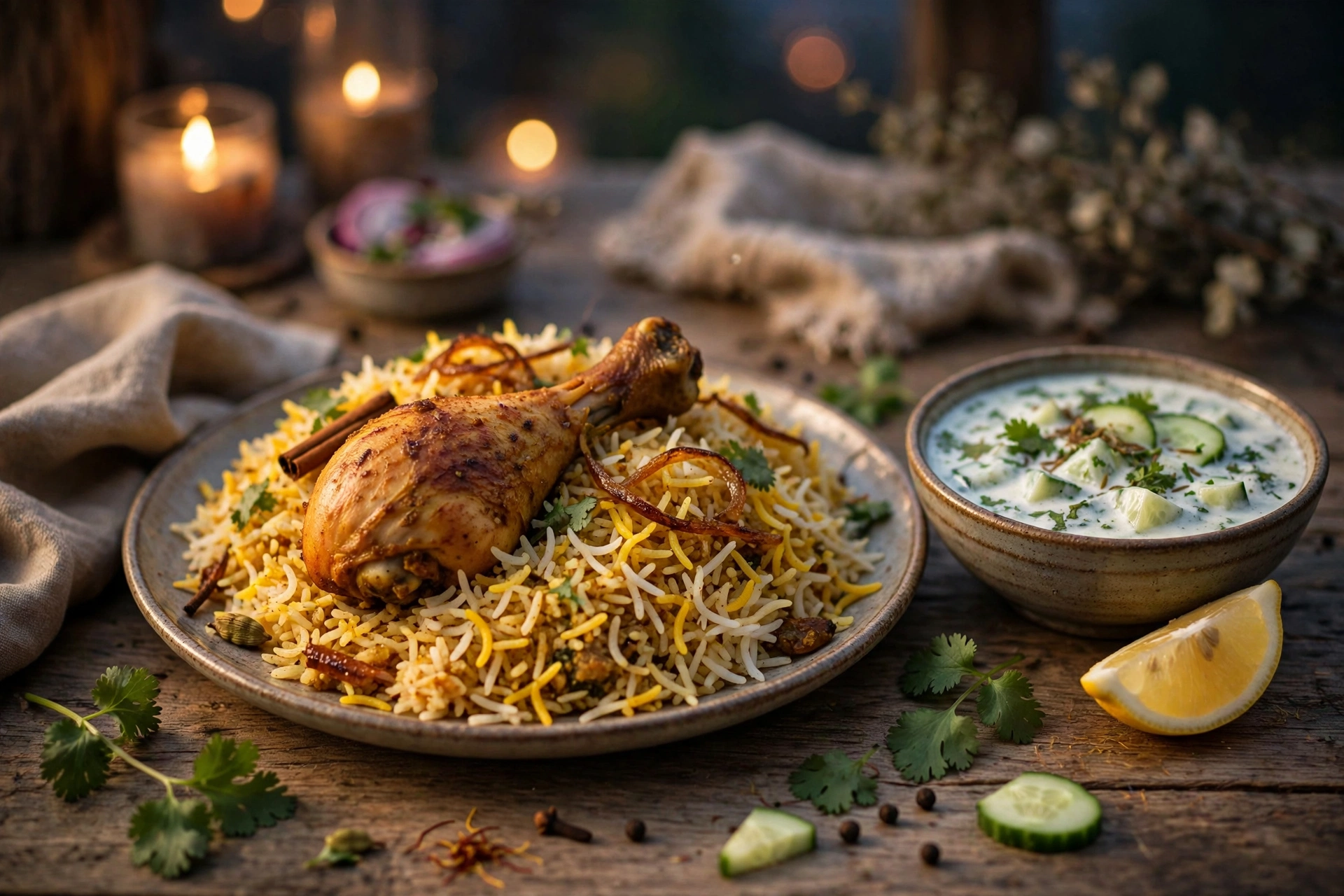 Chicken biryani served with raita