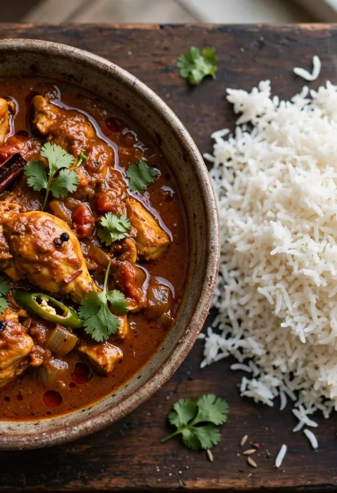 Bowl of homemade chicken curry with basmati rice