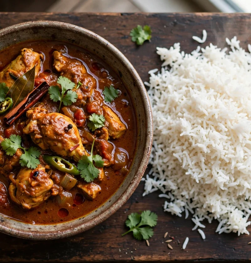 Bowl of homemade chicken curry with basmati rice