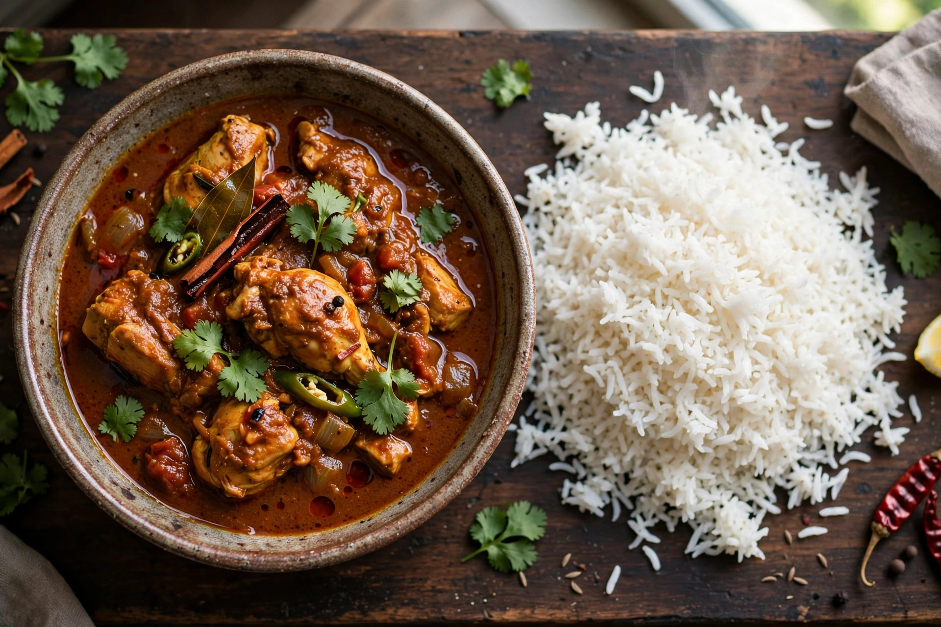 Bowl of homemade chicken curry with basmati rice