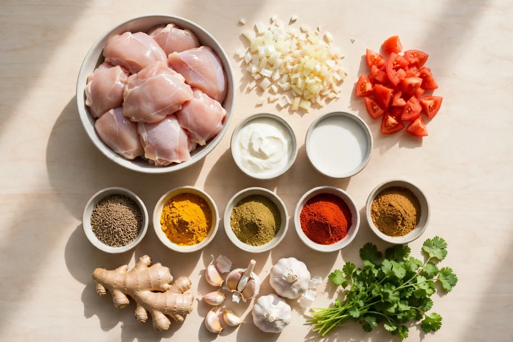 Chicken curry ingredients laid out on a table