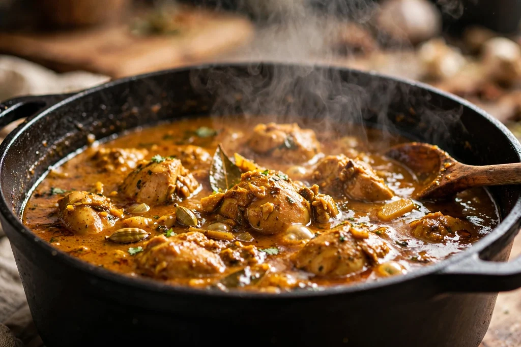 Chicken curry masala simmering in a pot