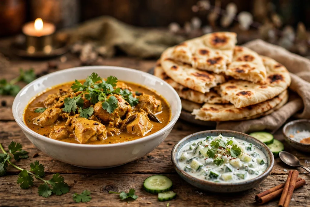 Bowl of chicken curry served with basmati rice
