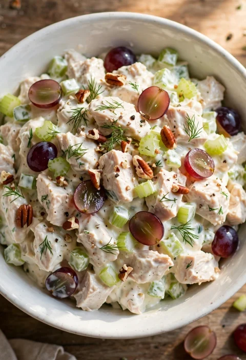 Classic creamy chicken salad with red grapes, celery and pecans in a white bowl
