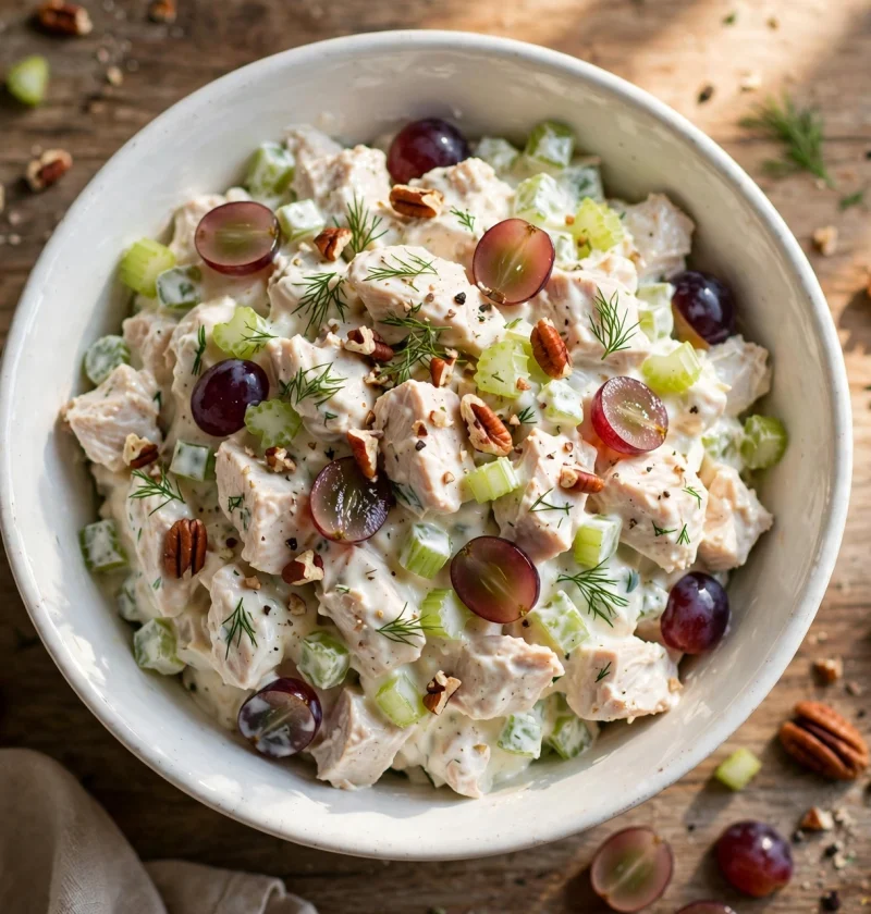 Classic creamy chicken salad with red grapes, celery and pecans in a white bowl