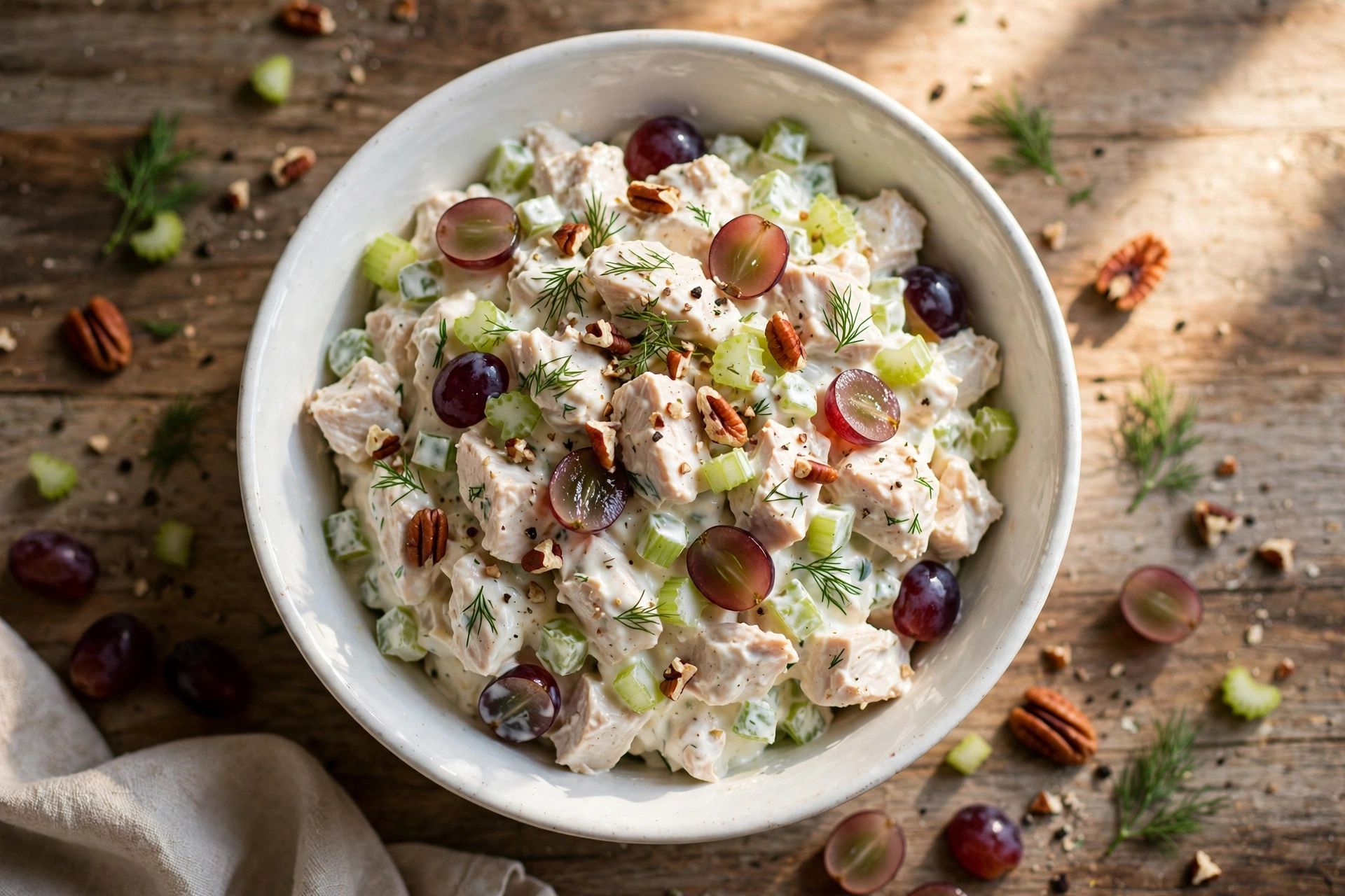 Classic creamy chicken salad with red grapes, celery and pecans in a white bowl