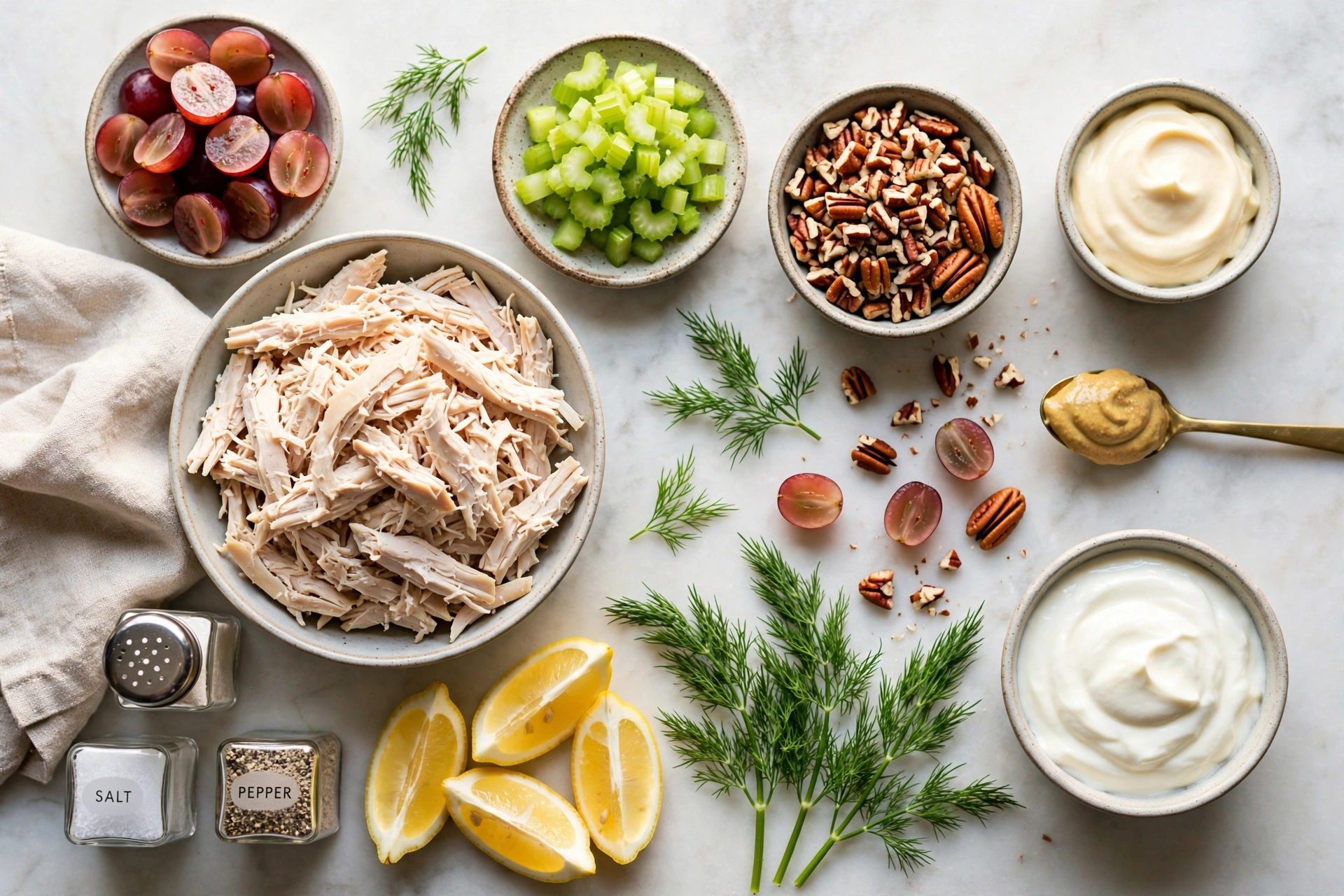 Ingredients for classic chicken salad including rotisserie chicken, celery, red grapes, pecans, mayonnaise and Greek yogurt