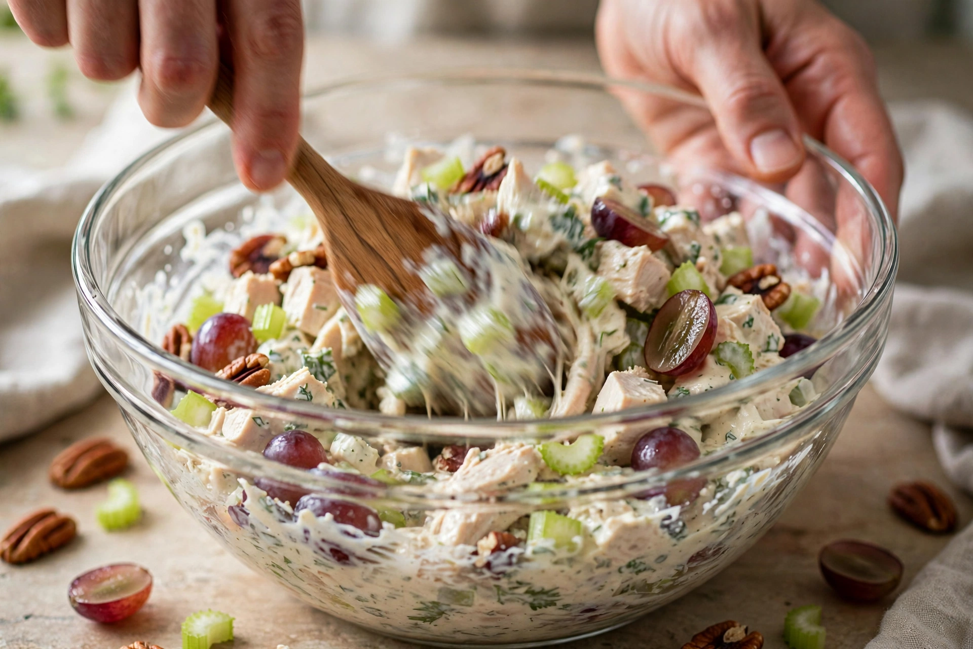 Mixing classic chicken salad with chicken, celery, grapes and pecans in a creamy dressing