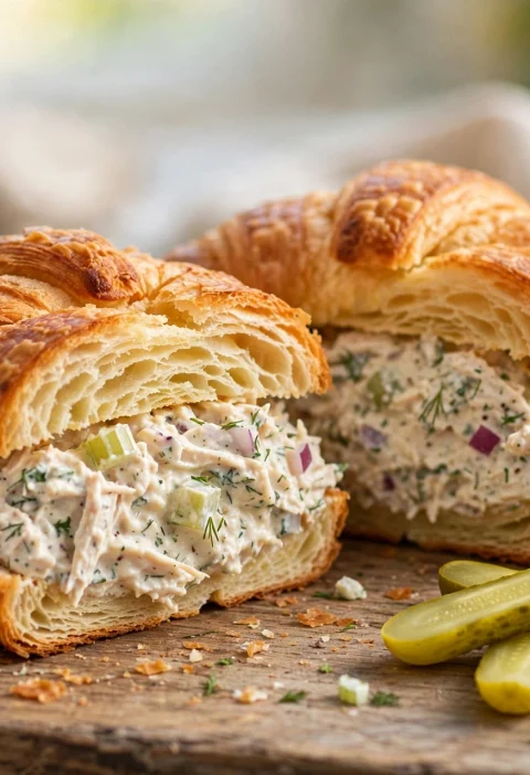 Classic chicken salad sandwich on a toasted croissant with creamy chicken filling, pickle spears and chips