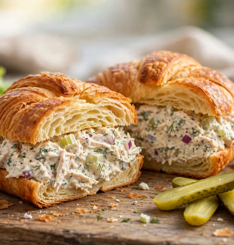Classic chicken salad sandwich on a toasted croissant with creamy chicken filling, pickle spears and chips