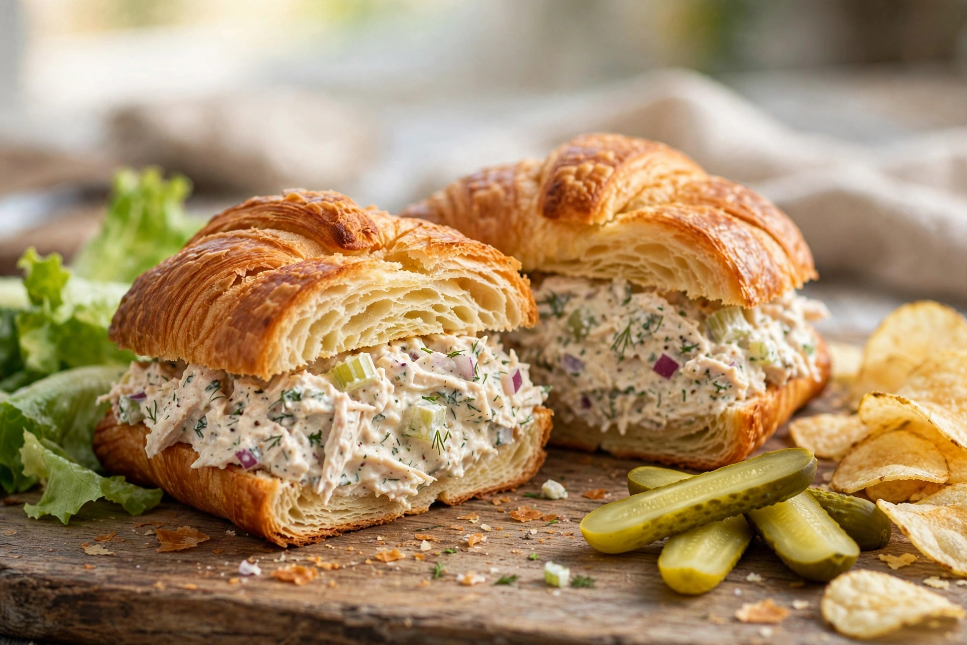 Classic chicken salad sandwich on a toasted croissant with creamy chicken filling, pickle spears and chips