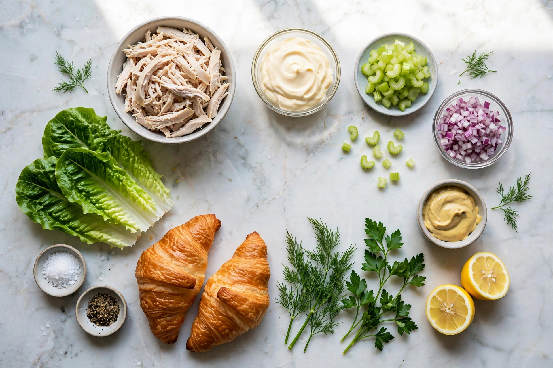 Ingredients for chicken salad sandwich including cooked chicken, mayonnaise, celery, red onion, dill, lemon and croissants