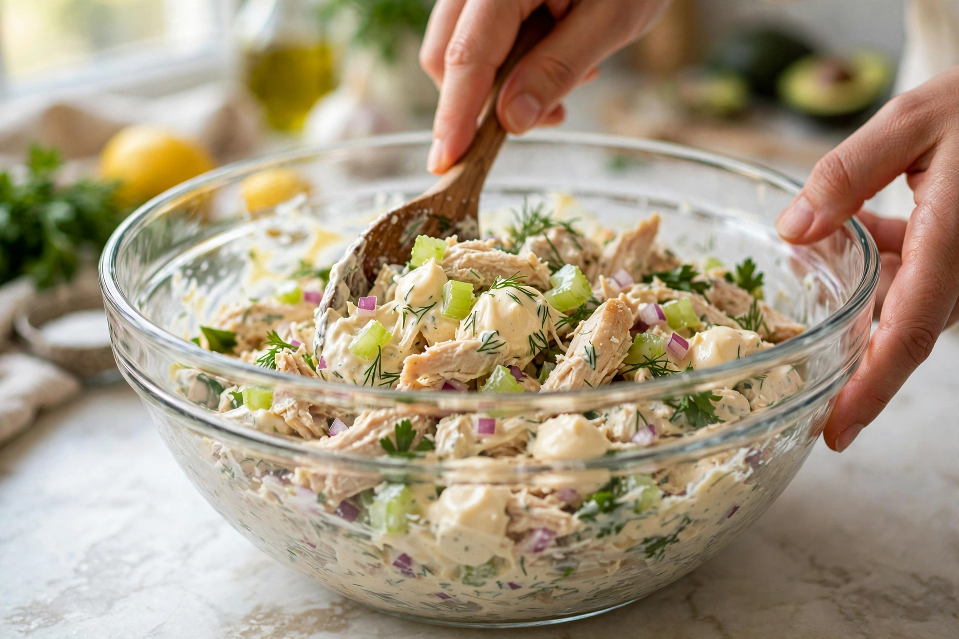 Mixing creamy chicken salad filling with celery, onion and dill in a bowl