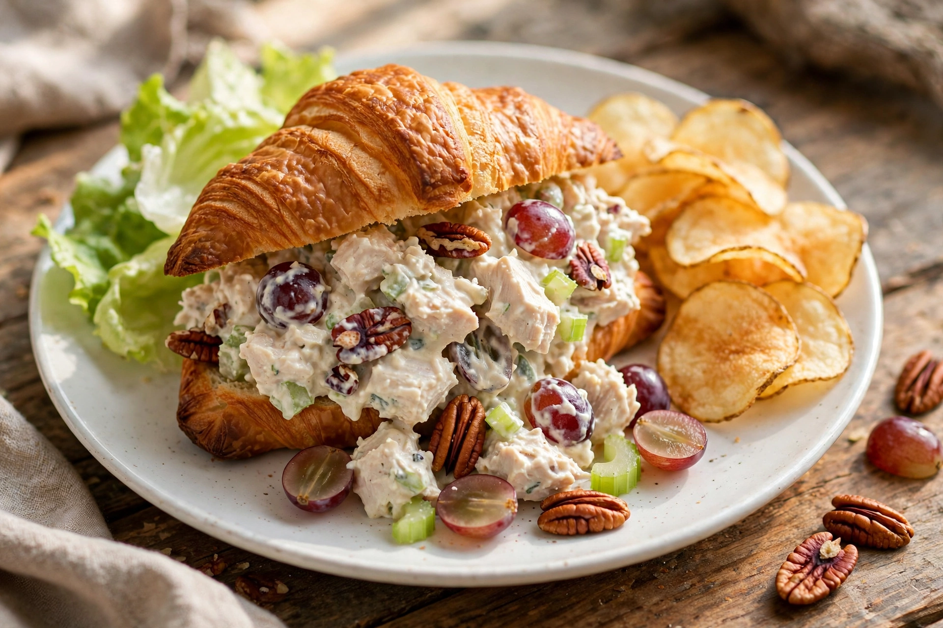 Classic chicken salad served in a white bowl with crackers and fresh dill