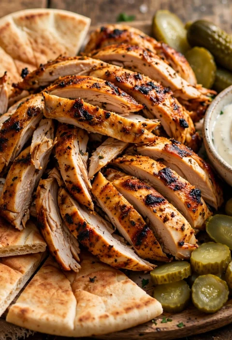 Chicken shawarma platter with sliced spiced chicken, pita, garlic sauce and pickles