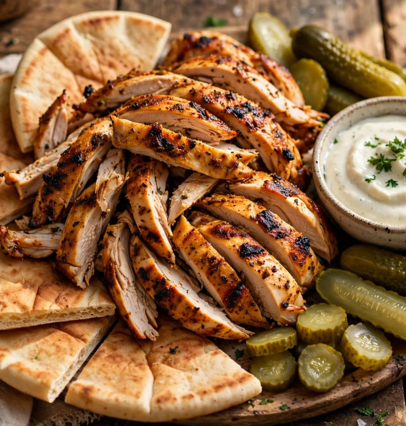 Chicken shawarma platter with sliced spiced chicken, pita, garlic sauce and pickles