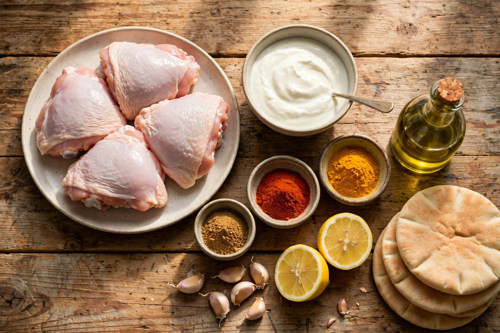Chicken shawarma ingredients: chicken, yogurt, spices, lemon, garlic, pita