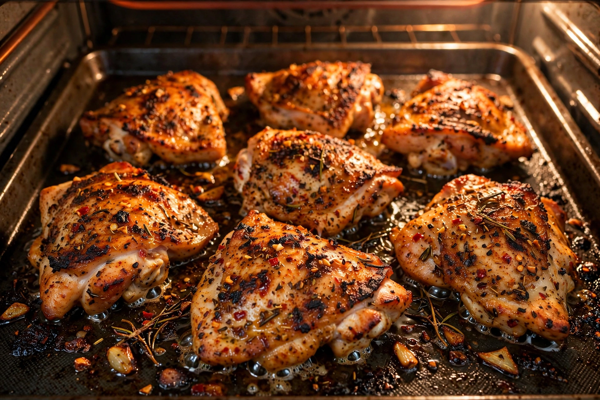 Marinated chicken roasting in the oven